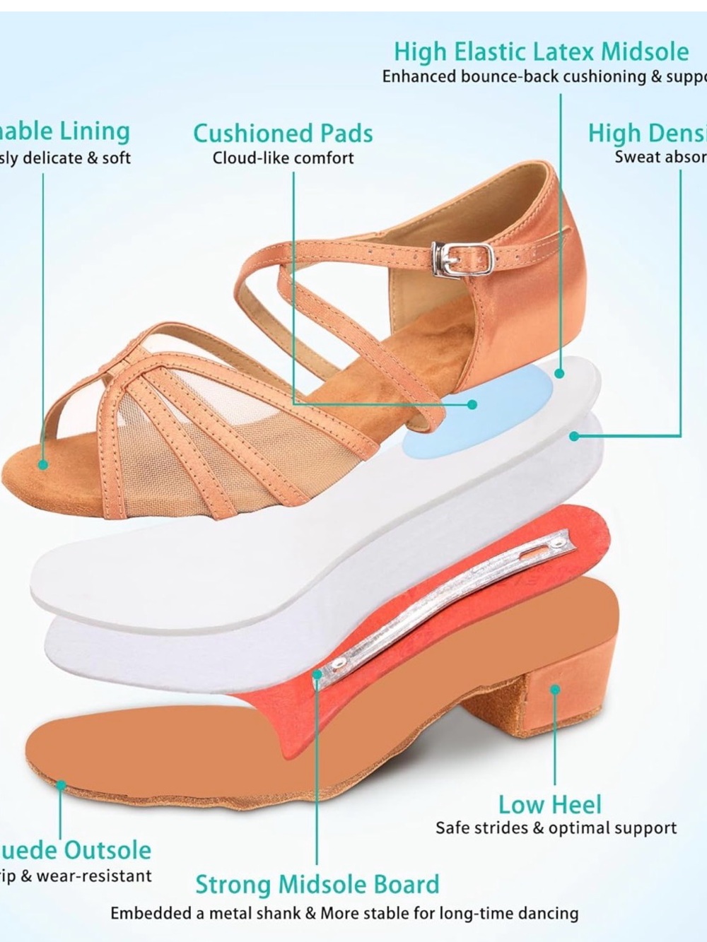 Tan Low Heel Dance Sandals with Ankle Strap - Picture 2 of 6